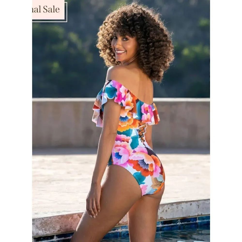 LA Blanca Floral Off Shoulder Ruffle One-Piece 12